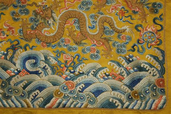 A Chinese Imperial yellow silk dragon throne seat cushion cover, Qing dynasty, 18th / 19th century, 90 x 126cm